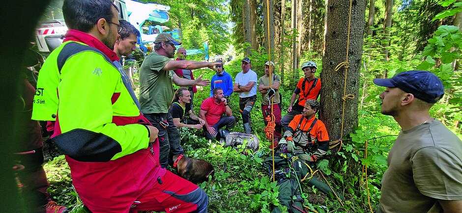 Team der Zapfenpflücker bei der Einsatzbesprechung im Wald