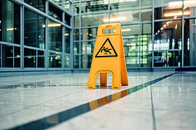 Warnschild vor Rutschgefahr in einem Verwaltungsgebäude