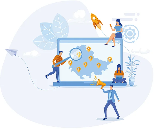 Illustration: Menschen arbeiten rund um einen Laptop, auf dessen Bildschirm eine Landkarte mit Navigationspunkten zu sehen ist