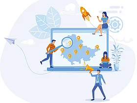 Illustration: Menschen arbeiten rund um einen Laptop, auf dessen Bildschirm eine Landkarte mit Navigationspunkten zu sehen ist