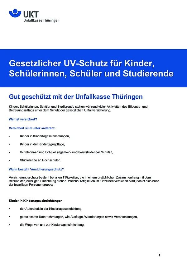 Infoblatt Gesetzlicher UV-Schutz für Kinder, Schülerinnen, Schüler und Studierende