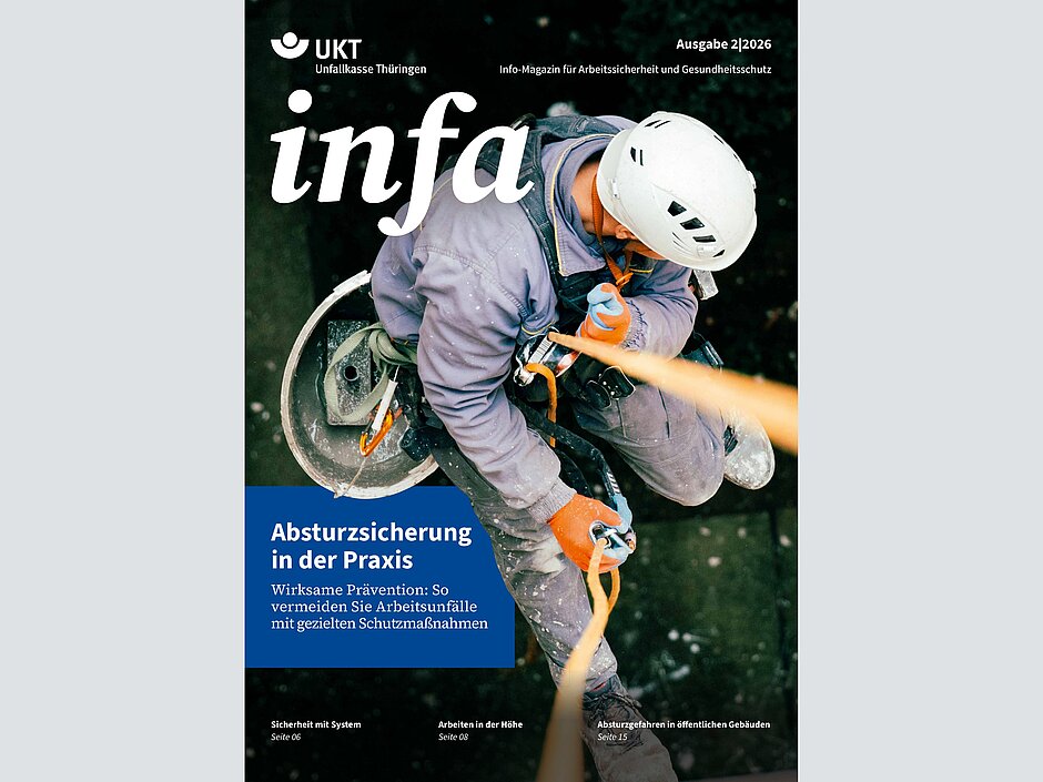 Titelseite der infa-Ausgabe 2|2026 mit dem Schwerpunkt Absturzsicherung in der Praxis